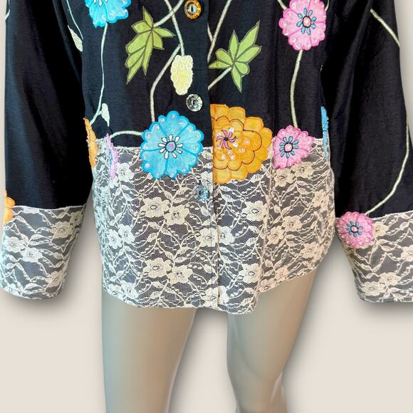 Carrie Allen Vintage Embroidered Floral Laced Button Up Jacket Shacket Womens L - Picture 5 of 14